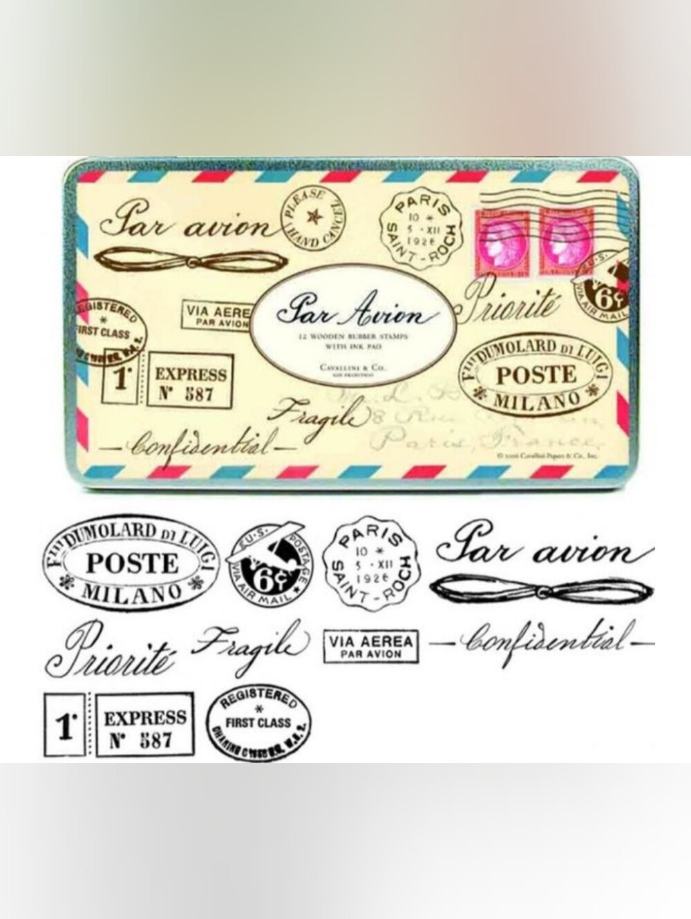 Cavallini & Co. Par Avion Vintage Wooden Rubber Stamp Set